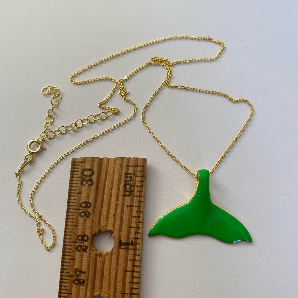 🧜‍♀️Mermaid tail 925 silver necklace hand made green enamel 18k gold plated - Picture 6 of 7